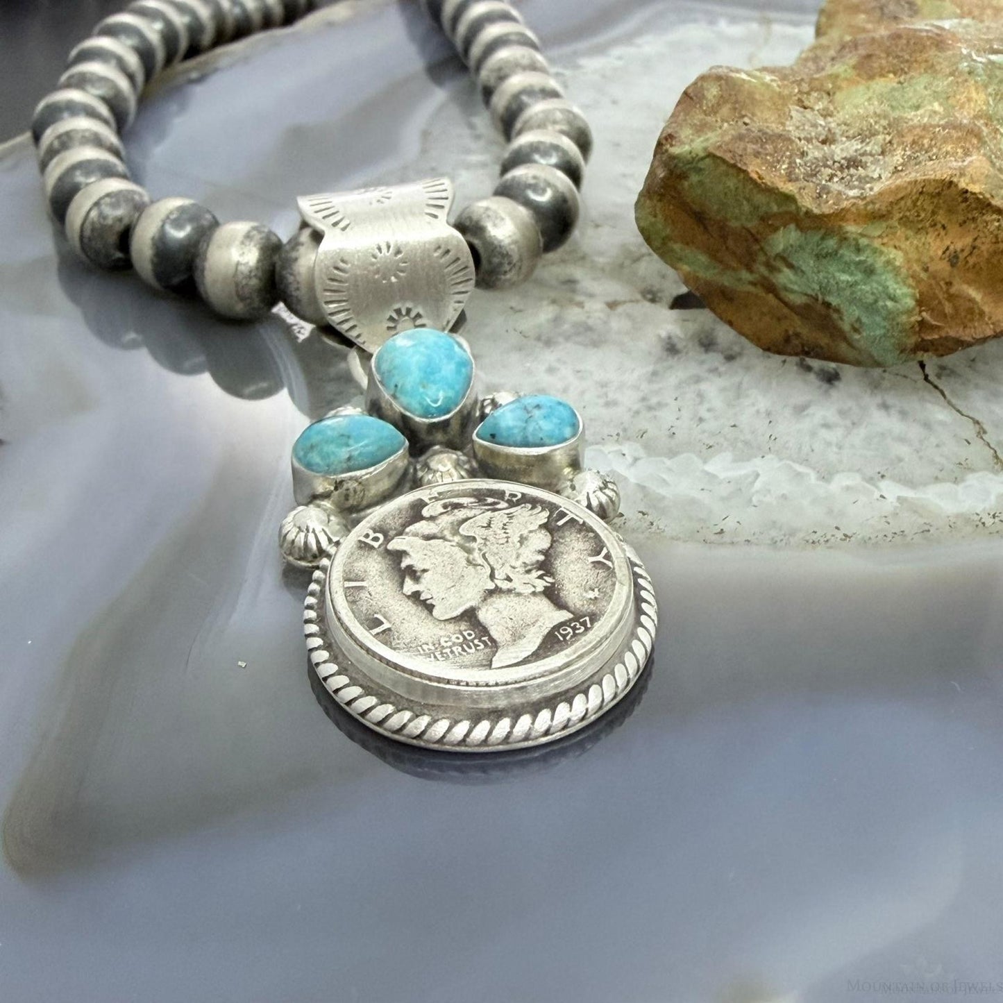 Genuine 1937 90% Silver Mercury Dime Coin Mohave Turquoise Unisex Pendant