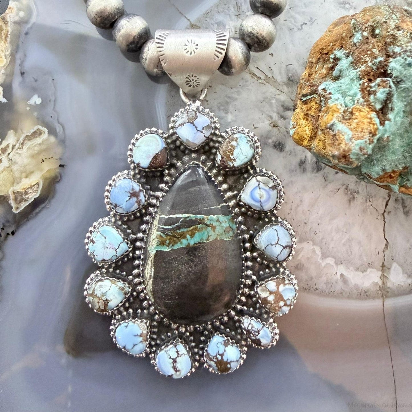 Sterling Silver Southwestern Style Teardrop Blackjack & Golden Hill Turquoise Pendant