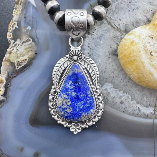 Sterling Silver Southwestern Style Elongated Teardrop Lapis Lazuli Decorated Pendant For Women