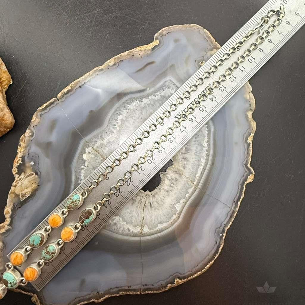 Sterling Silver Southwestern Style Turquoise & Spiny Oyster Lariat 24" Necklace For Women