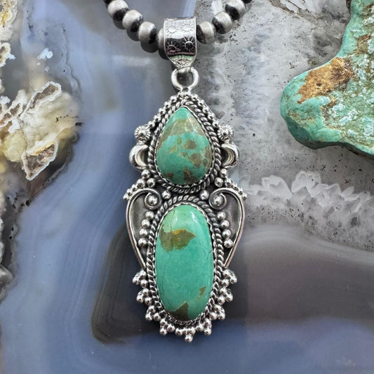 Sterling Silver Southwestern Style Long Turquoise Decorated Pendant For Women