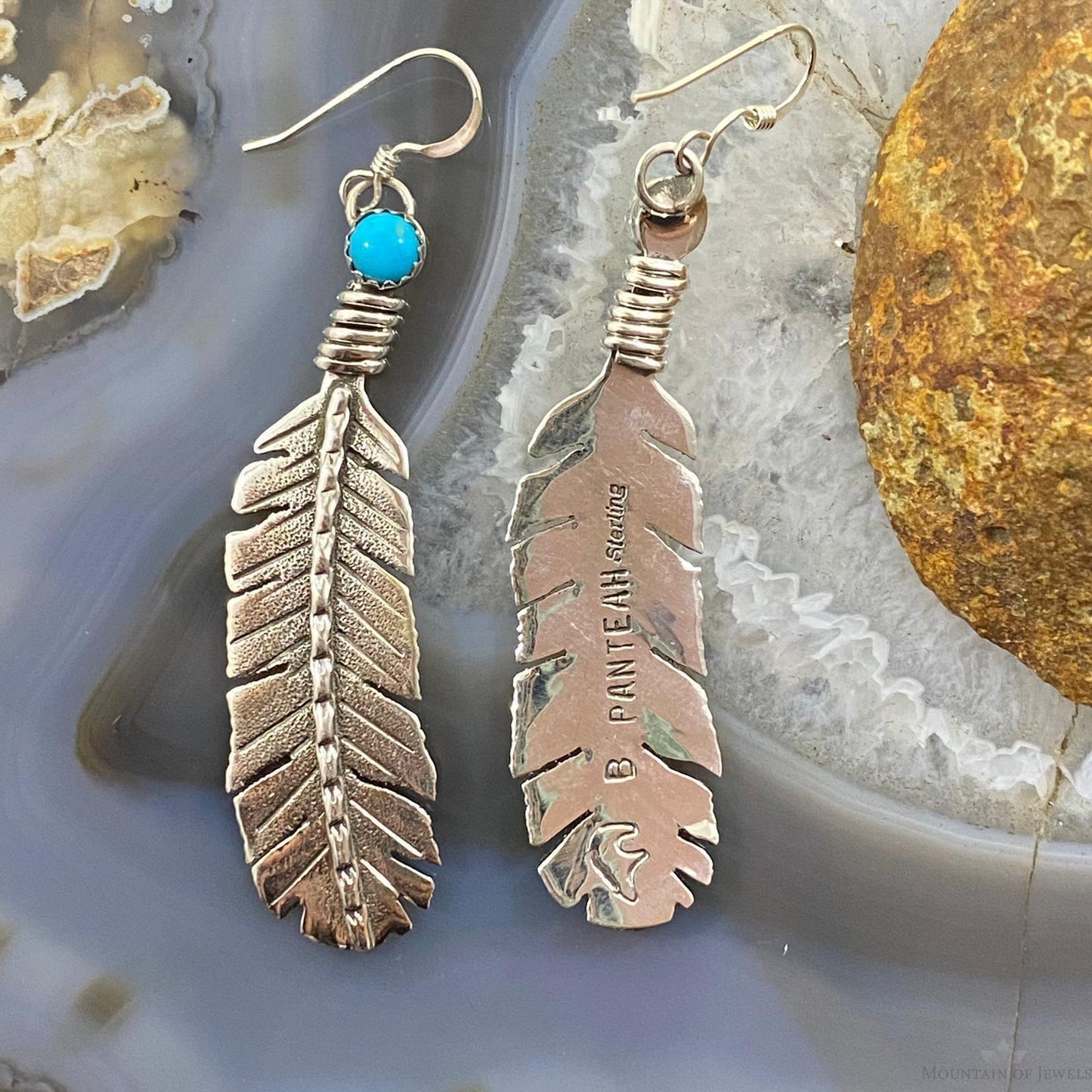 Brad Panteah Native American Sterling Long Feather w/Turquoise Dangle Earrings