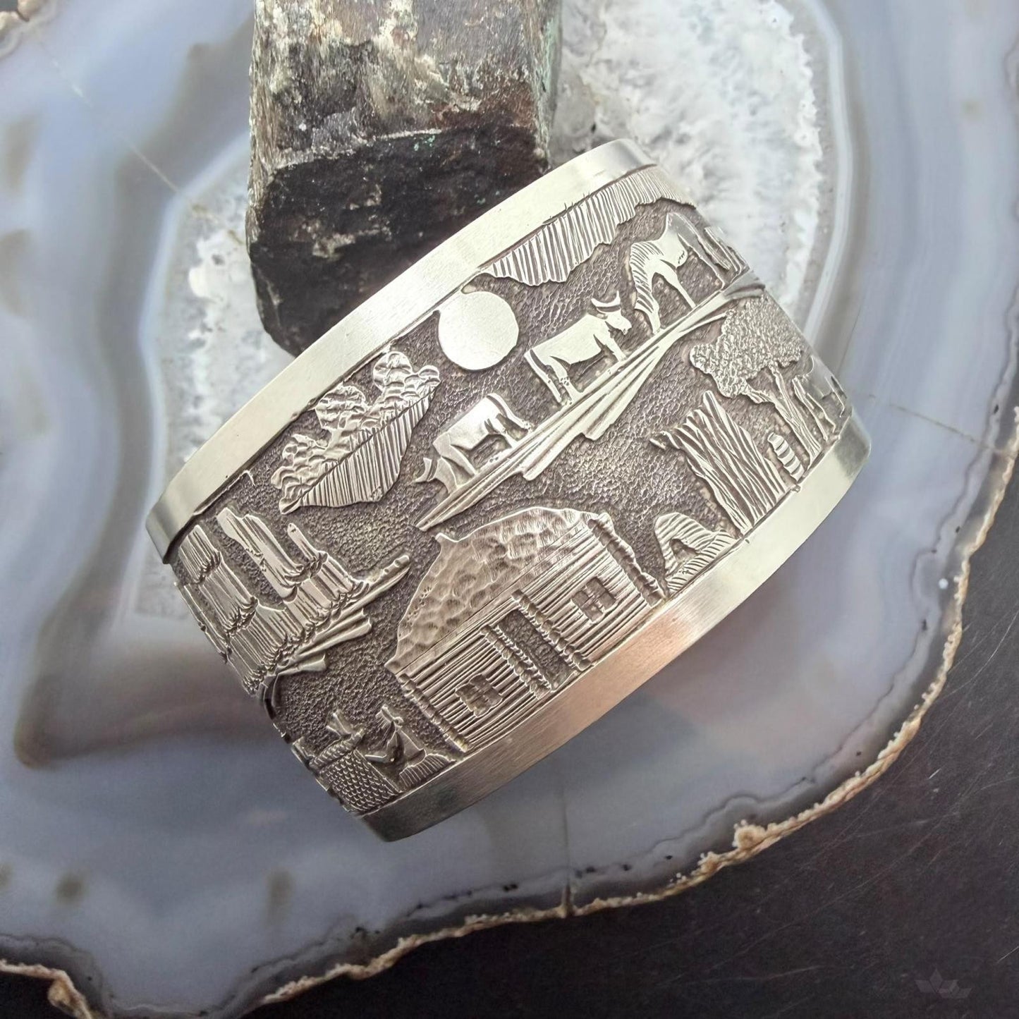 Alex Becenti Native American Sterling Silver Village Life Storyteller Wide Unisex Cuff Bracelet