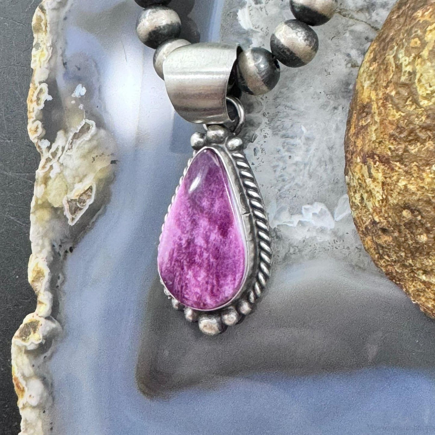 Robert Shakey Sterling Silver Teardrop Purple Spiny Oyster Pendant For Women