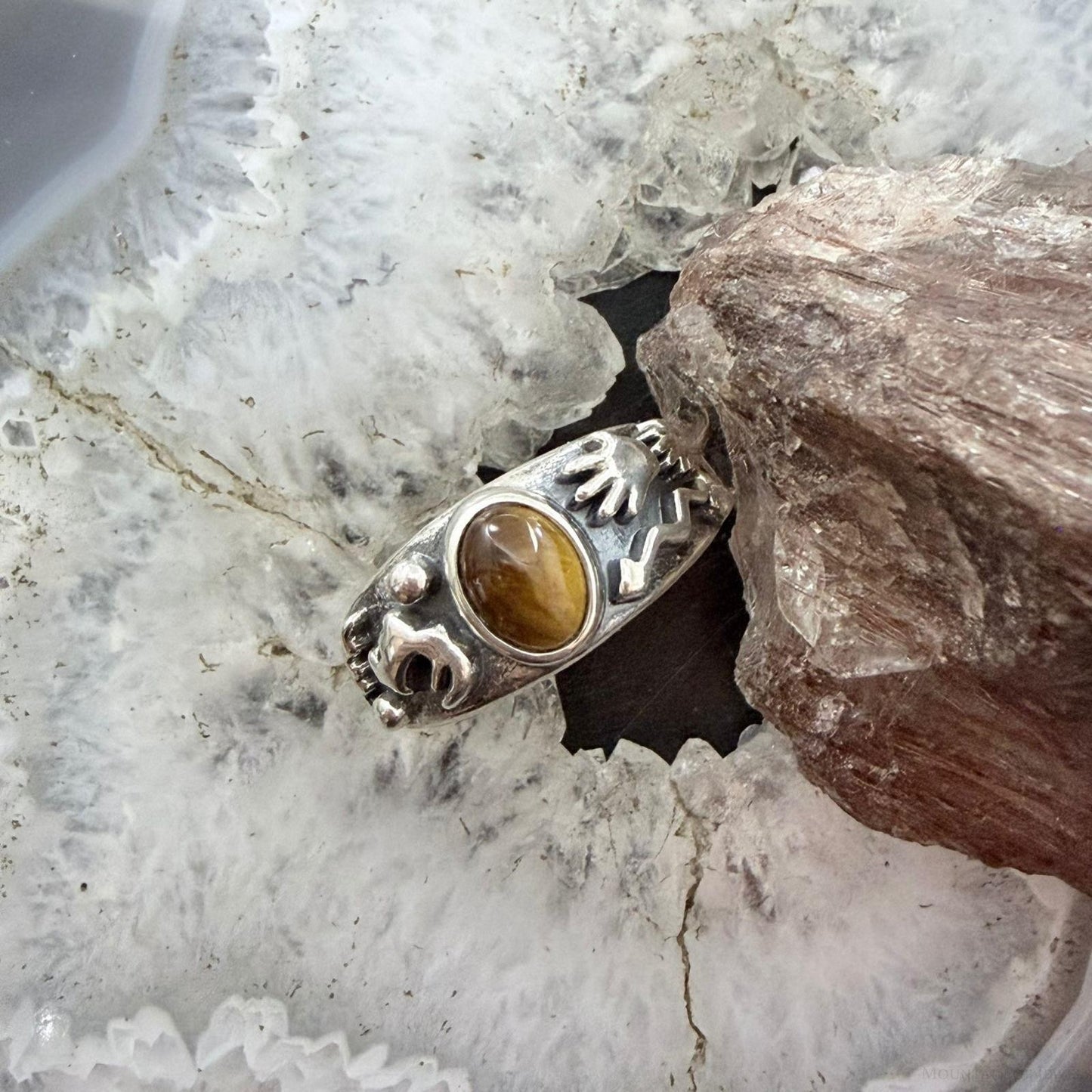 Jody Naranjo Vintage Sterling Silver Tiger's Eye Petroglyph Ring Size 8 For Women