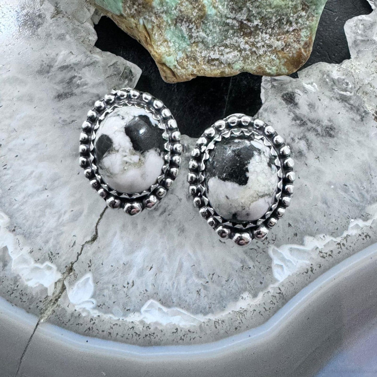 Sterling Silver Southwestern Style Oval White Buffalo Stud Earrings For Women