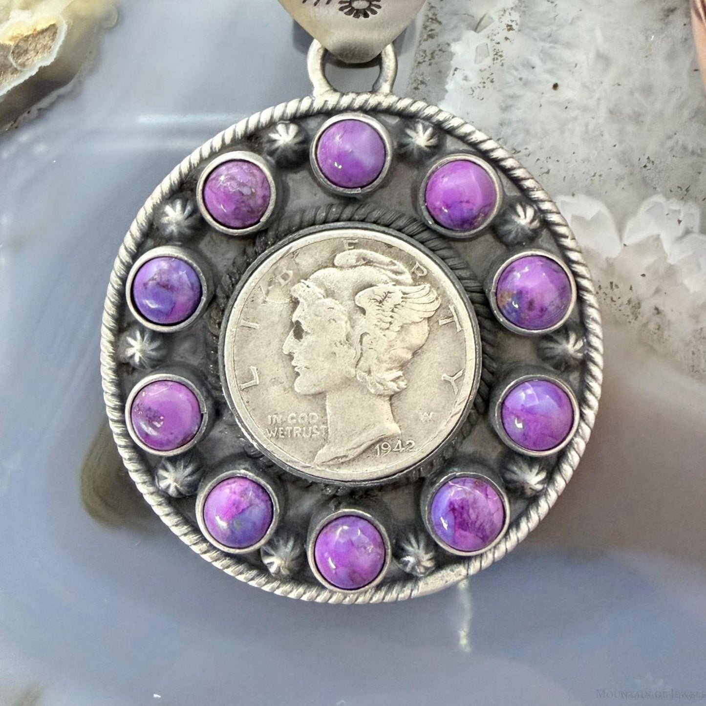 Genuine 1942 90% Silver Mercury Dime Coin w/Purple Dahlia Decorated Unisex Pendant