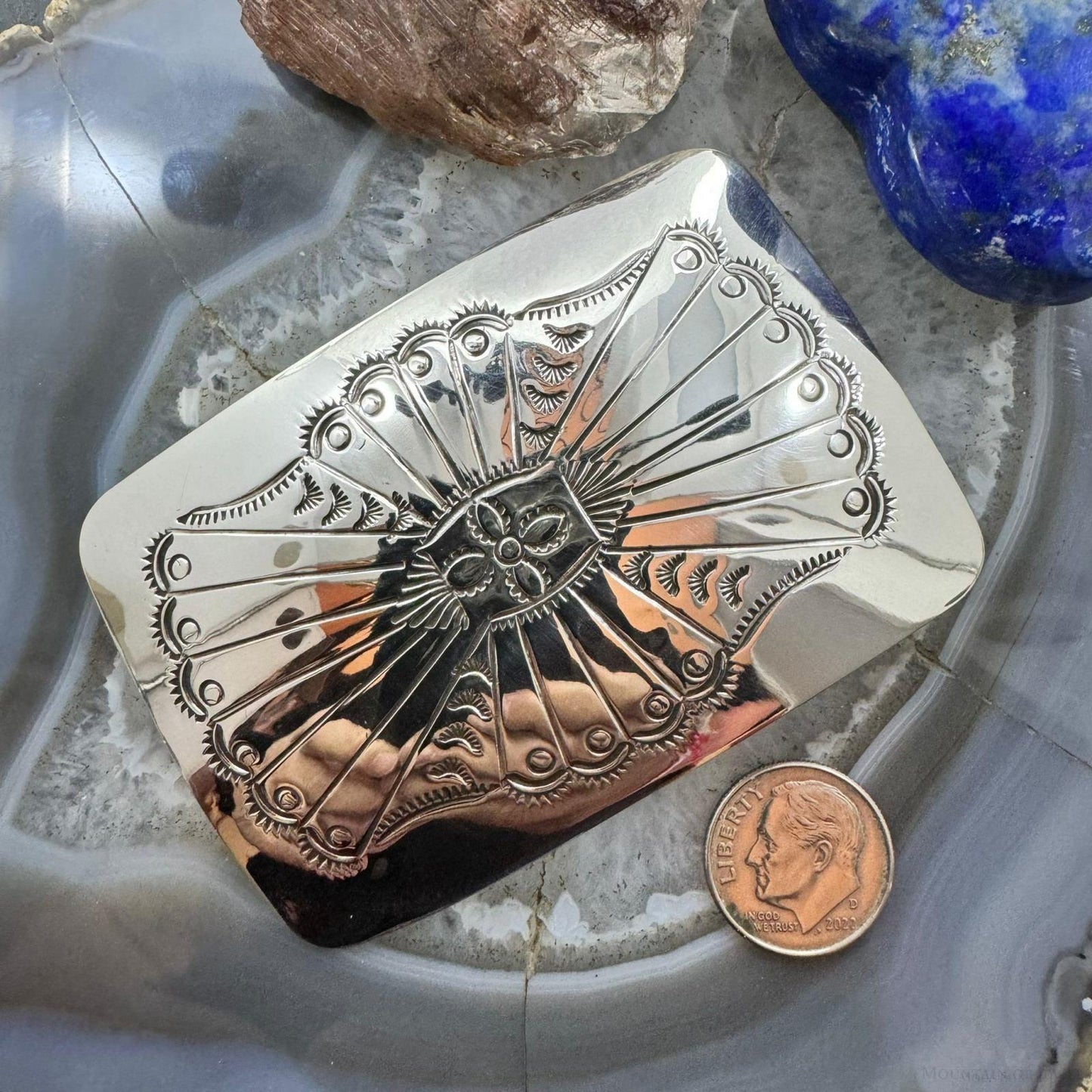 Native American Sterling Silver Stamped Rectangle Belt Buckle For Men