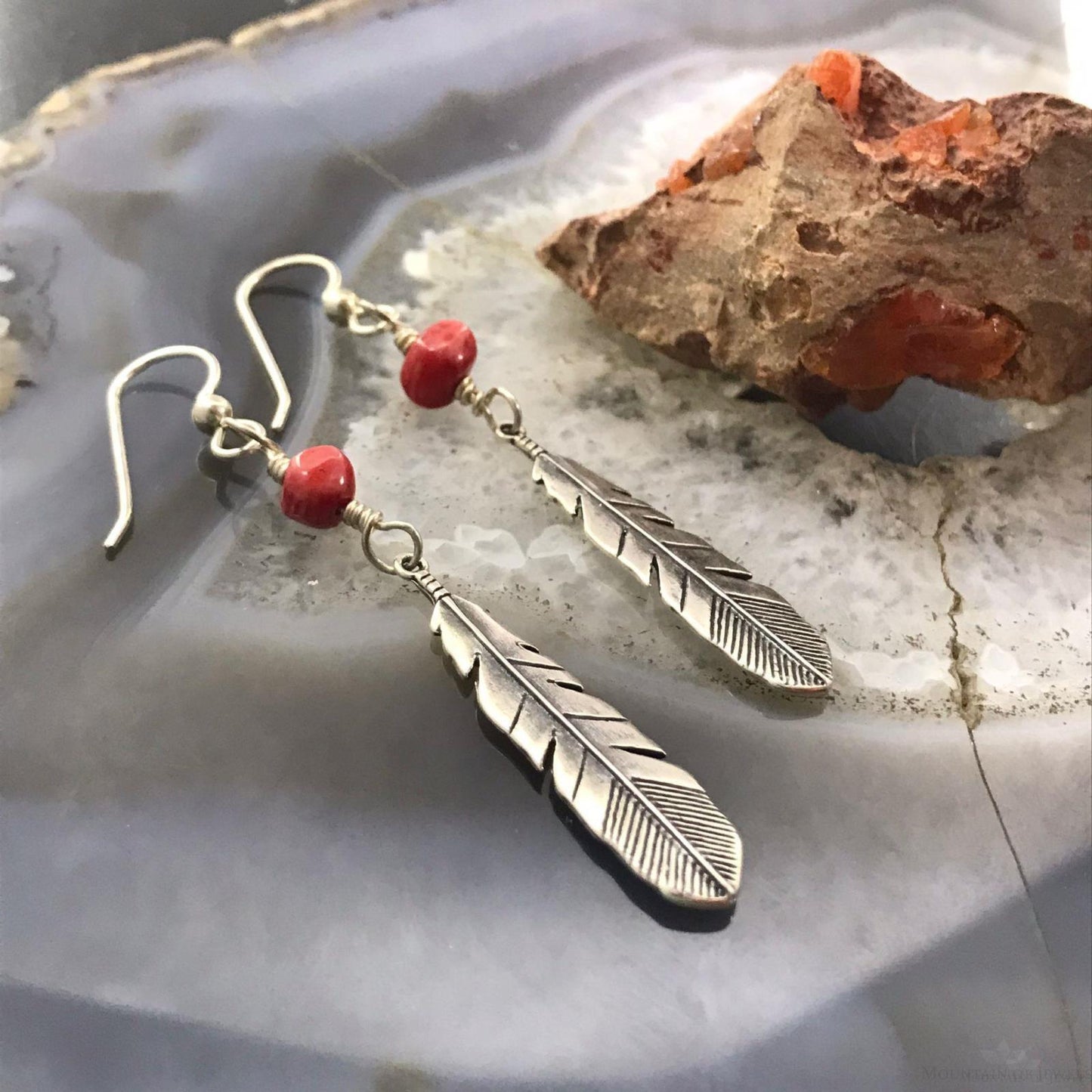 Carolyn Pollack Sterling Silver Coral Bead Feather Dangle Earrings For Women