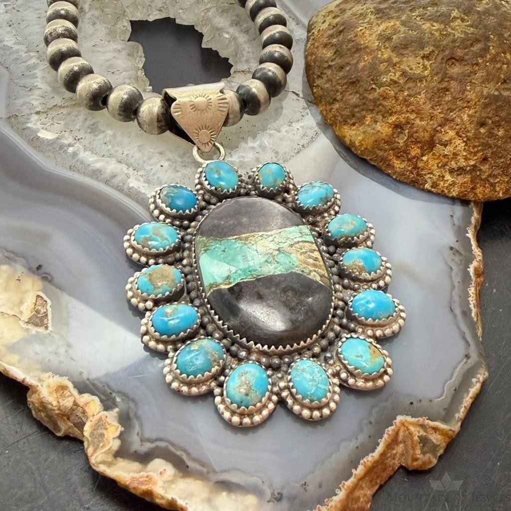 Sterling Silver Southwestern Style Oval Blackjack Turquoise Cluster Pendant For Women