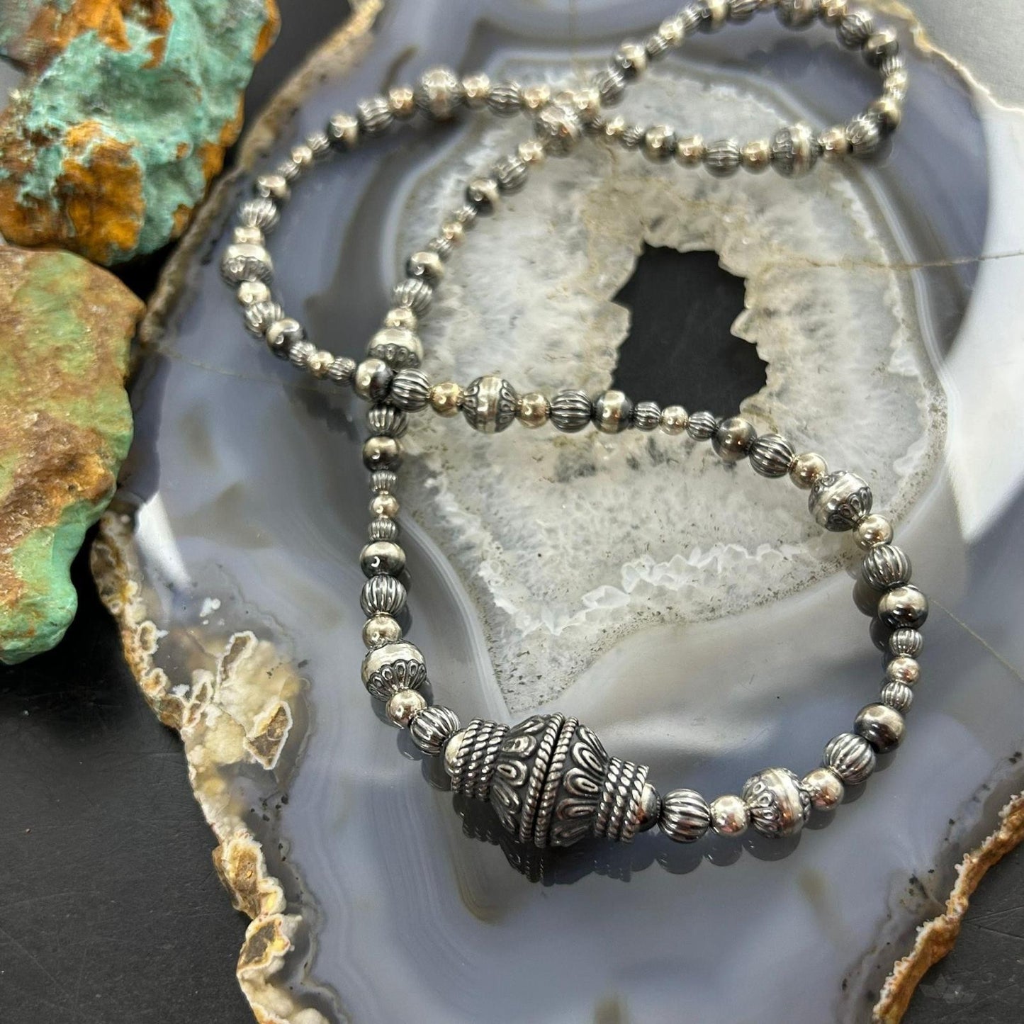 Carolyn Pollack Sterling Silver Decorated 3mm-8mm Graduated Beaded Necklace For Women