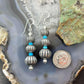 Native American Sterling Silver Grooved Saucer Pearl Beads w/Turquoise Dangle Earringsn For Women