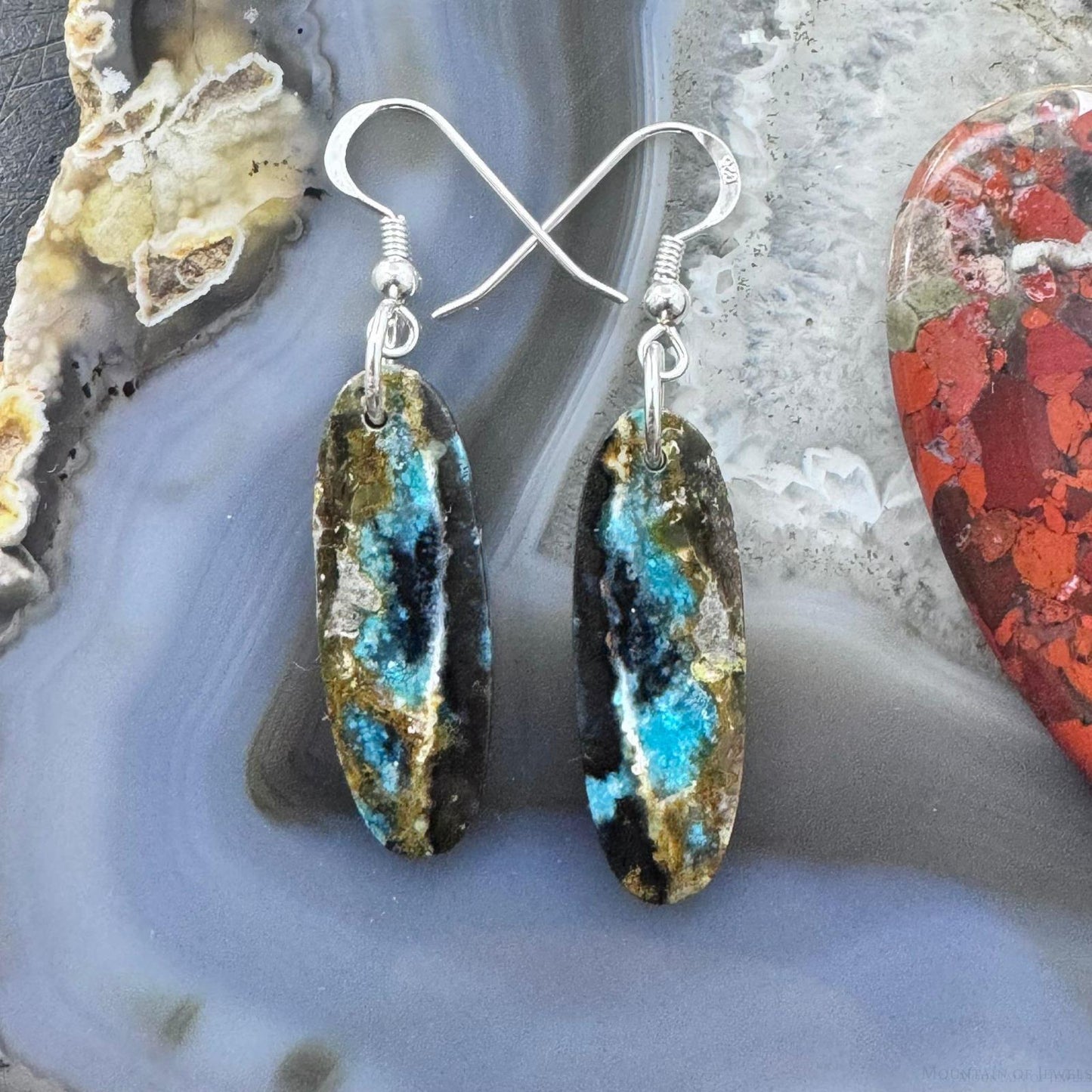 Sterling Silver Oval Chrysocolla Slab Dangle Earrings For Women #216