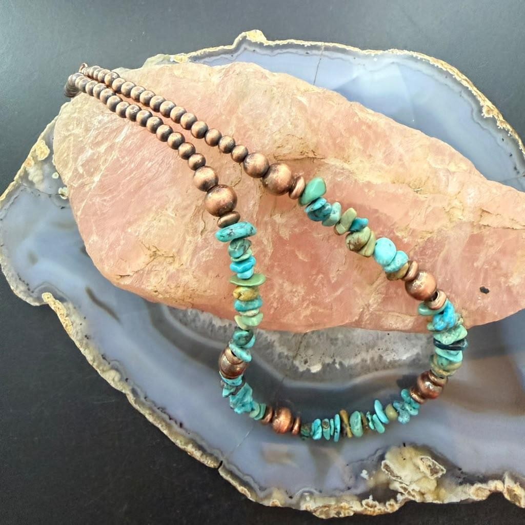 4.5-8mm Copper Navajo Pearl Round,Saucer & Natural Turquoise 18" Necklace For Women