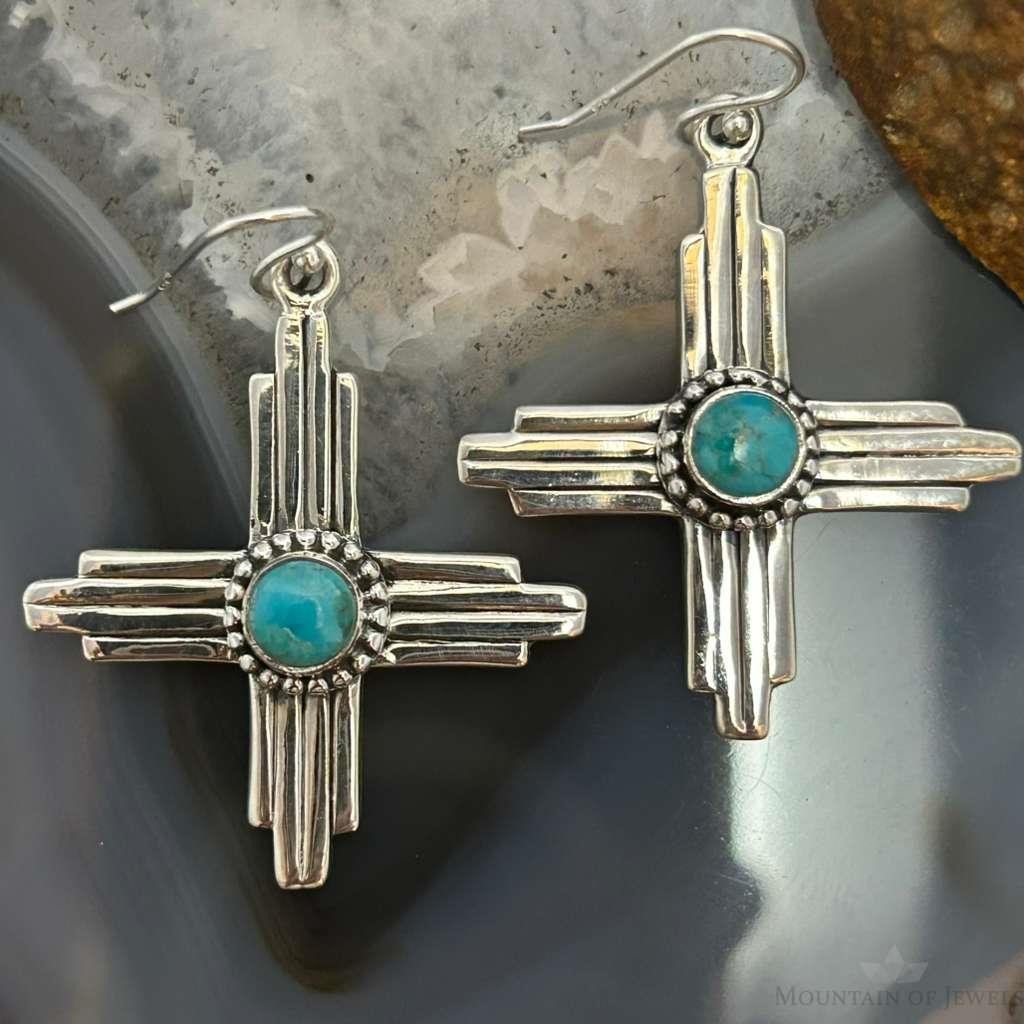 Sterling Silver Southwestern Style Round Mohave Turquoise Zia Dangle Earrings For Women