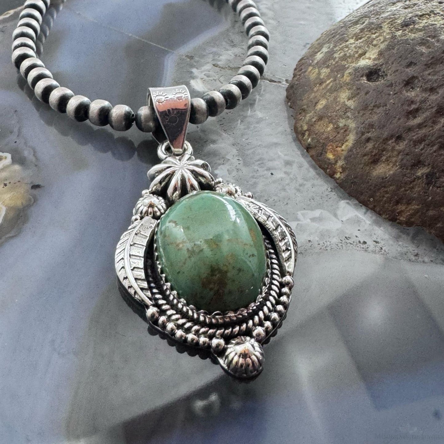 Sterling Silver Southwestern Style Oval Turquoise Leaves Decorated Pendant For Women