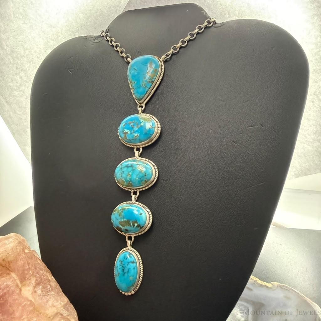 Sterling Silver Southwestern Style Kingman Turquoise Lariat 25" Necklace For Women