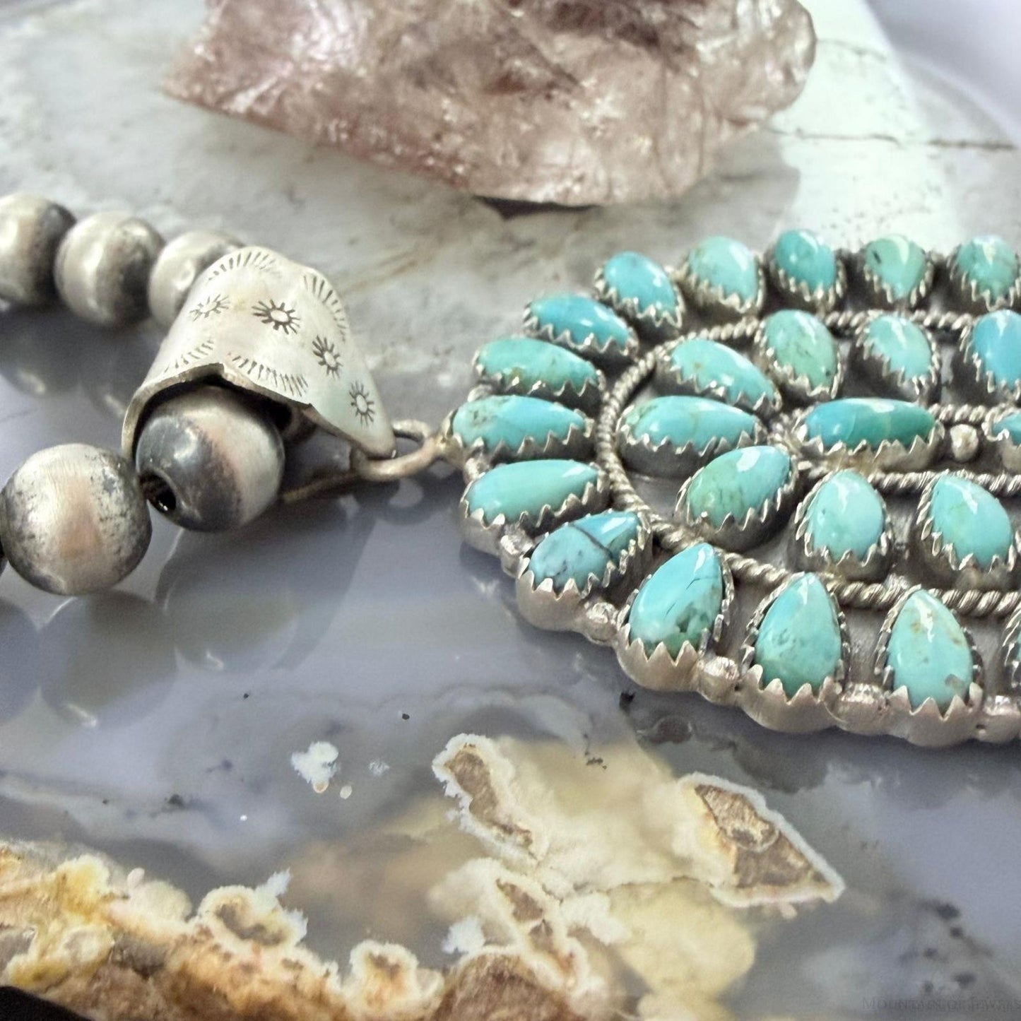 Sterling Silver Southwestern Style Turquoise Decorated Large Cluster Pendant For Women