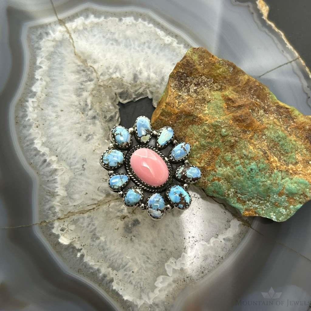 Sterling Silver Southwestern Style Pink Conch &Turquoise Adjustable Cluster Ring For Women