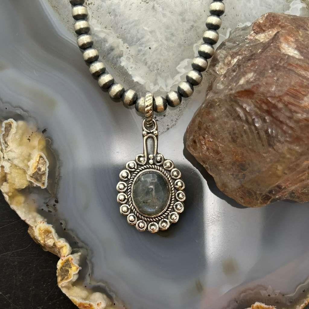 Sterling Silver Southwestern Style Oval Labradorite Decorated Charm/Pendant For Women