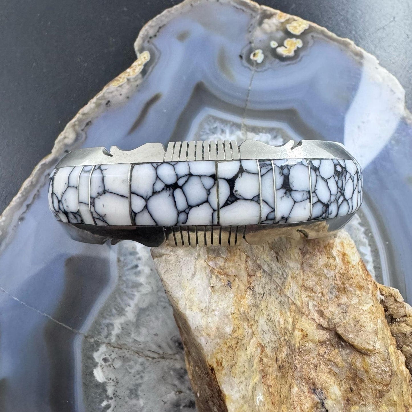 Steve Francisco Native American Sterling Silver White Buffalo Inlay Bracelet For Women