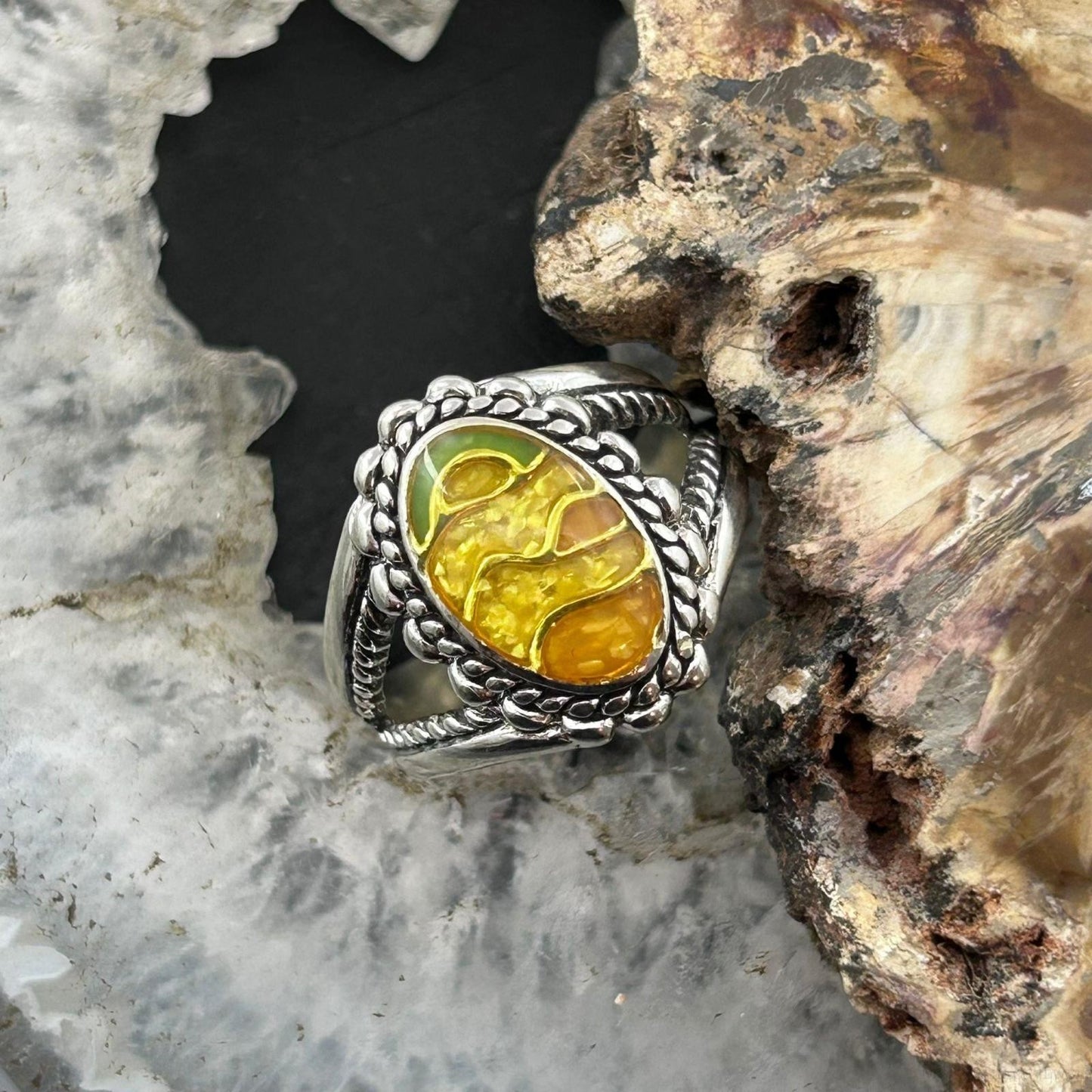 Carolyn Pollack Sterling Silver Oval Chip Inlay Decorated Ring For Women