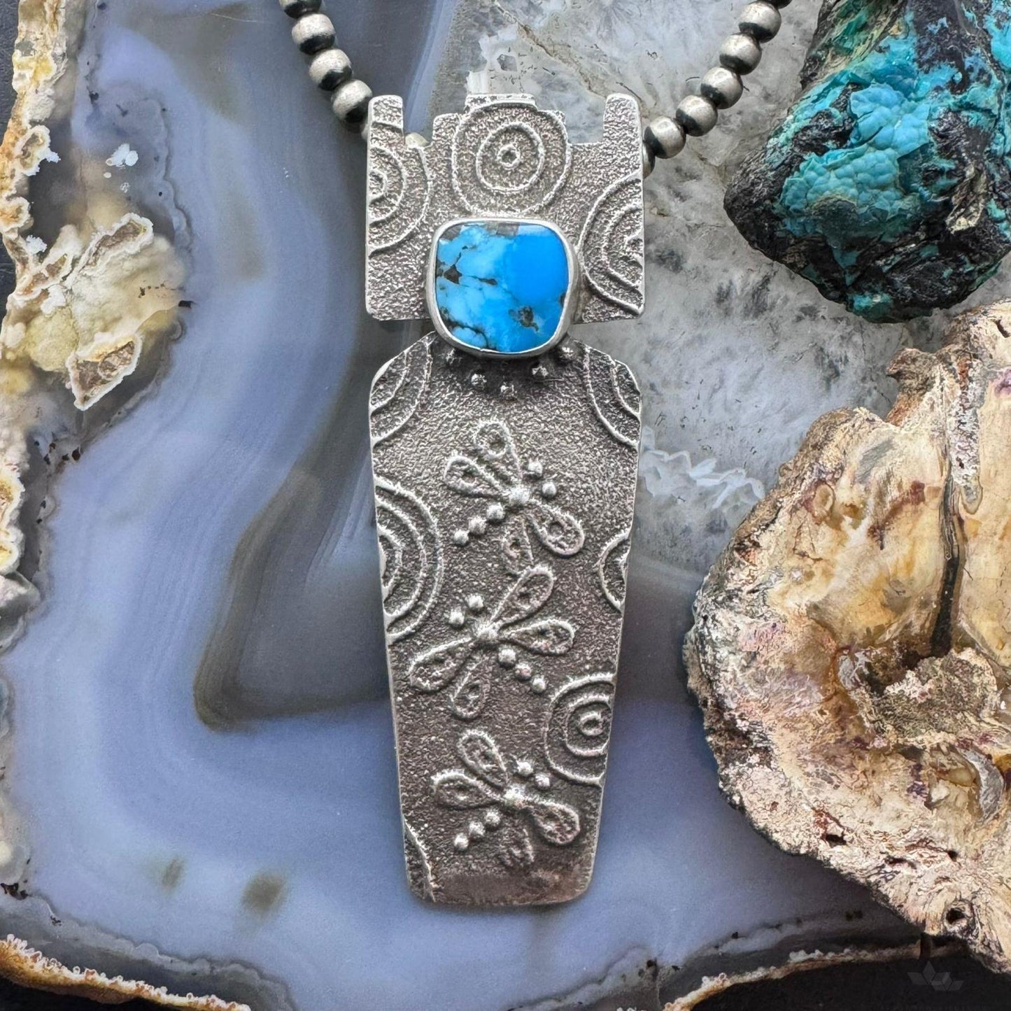 Joel Pajarito Sterling Silver Blue Ridge Turquoise Tufa Cast Decorated Unisex Pendant