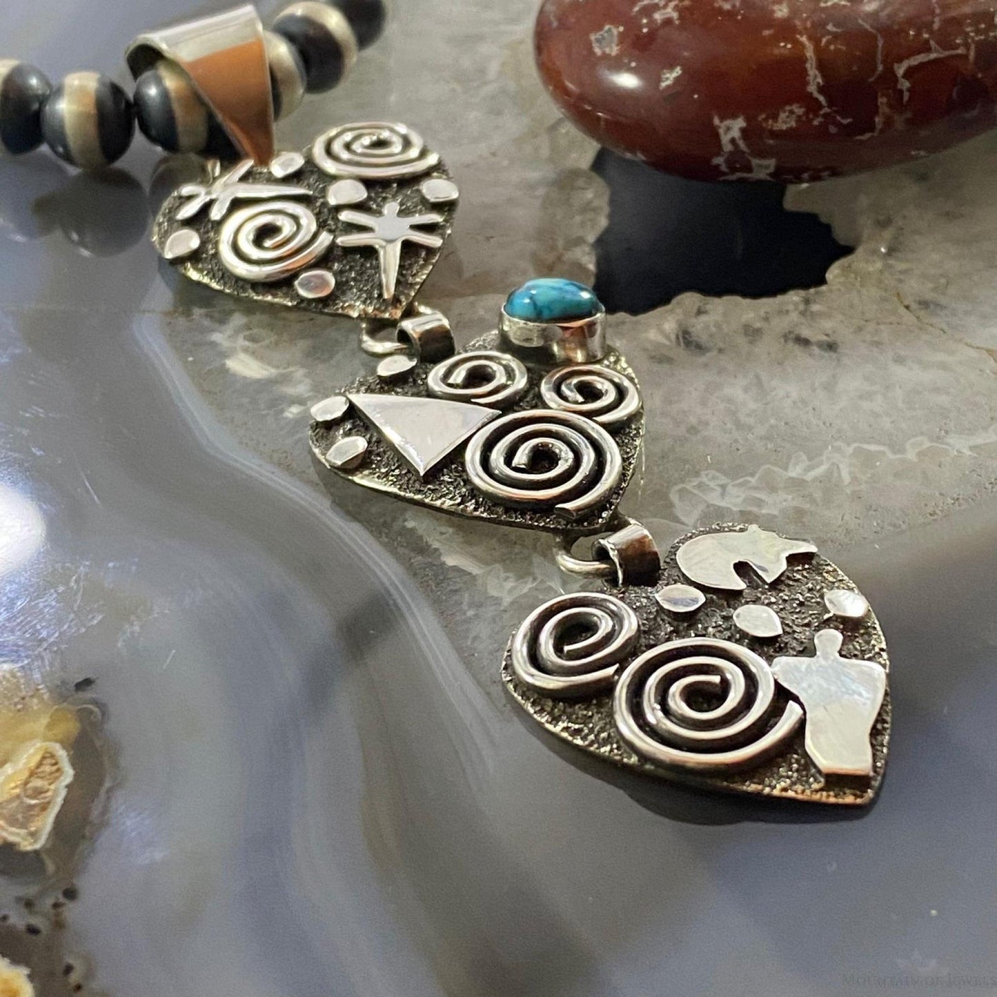 Alex Sanchez Native American Sterling Silver Triple Petroglyph Heart w/Turquoise Pendant For Women