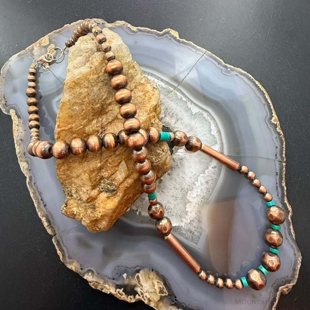 Southwestern Style .5-9mm Copper Navajo Pearl Round & Cylinder w/Sonoran Turquoise For Women #2 0" Necklace