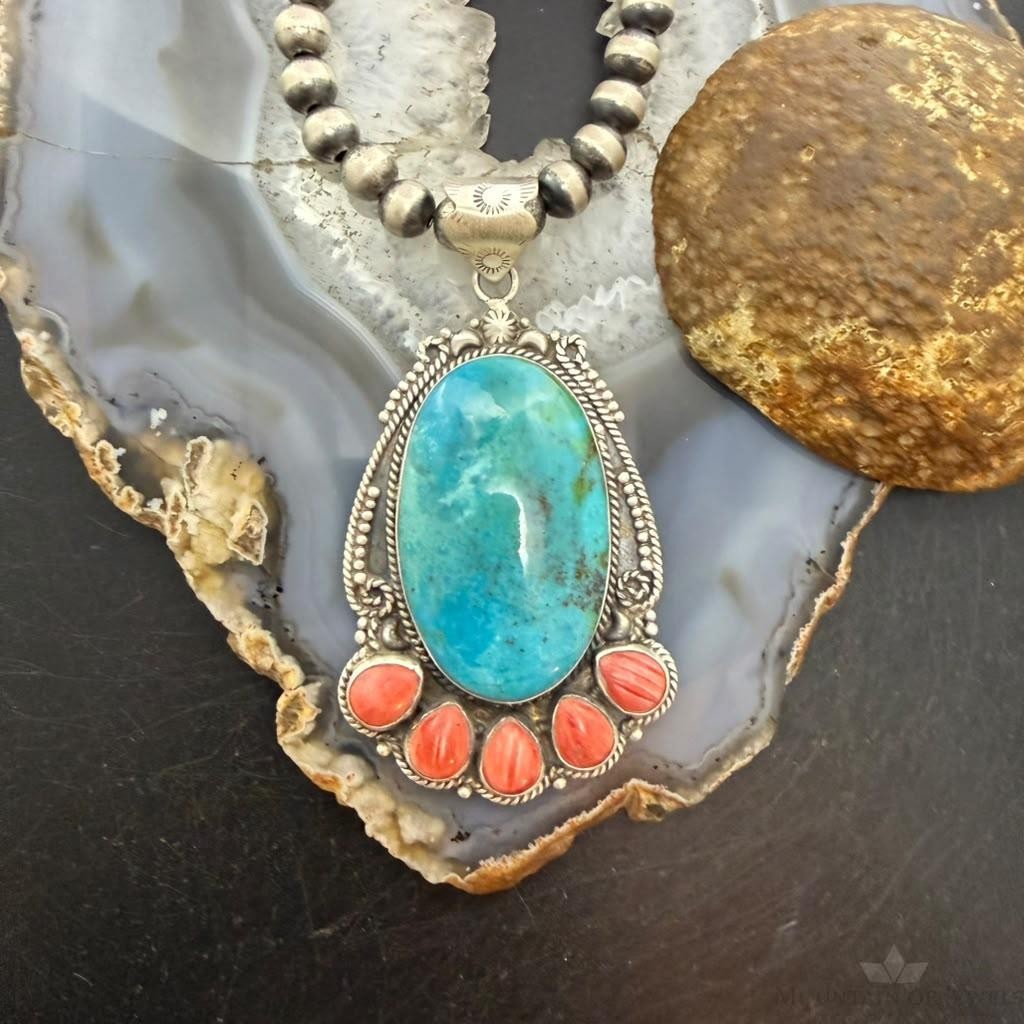 Sterling Silver Southwestern Style Oval Turquoise & Spiny Oyster Decorated Pendant