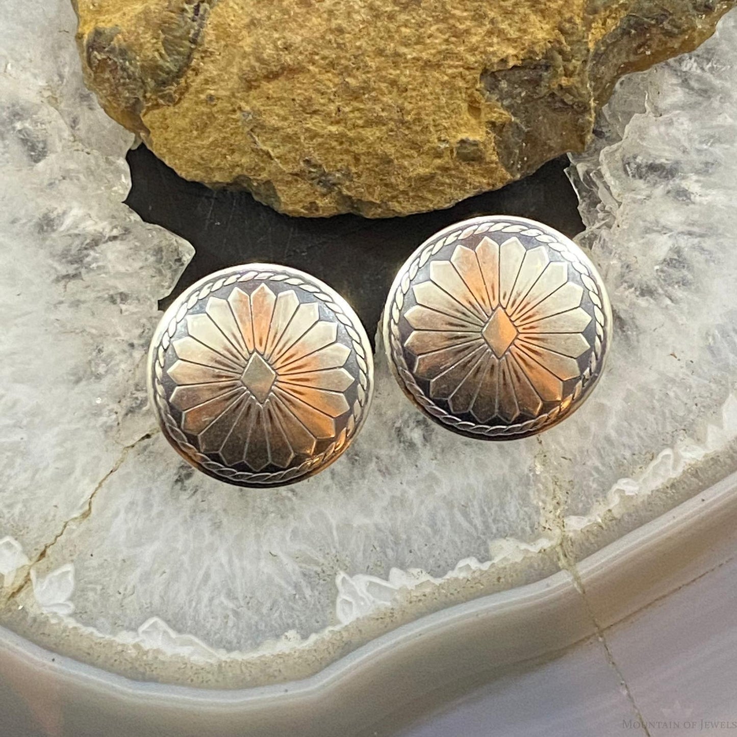 Native American Sterling Silver Round Floral Stud Earrings For Women