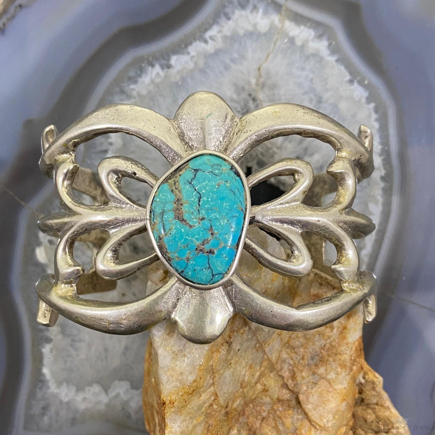 Vintage Native American Silver Turquoise Sandcast Bracelet For Women