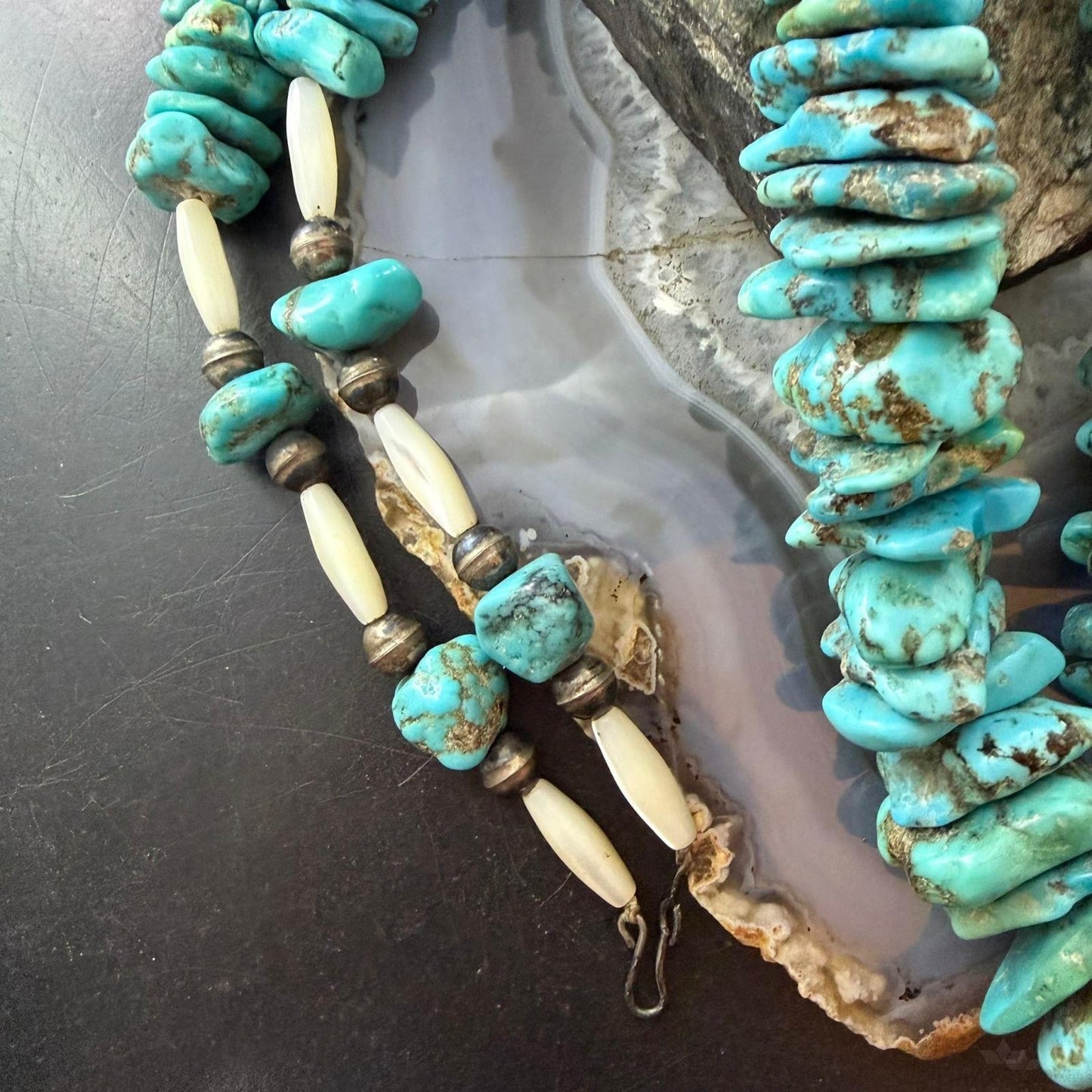 Vintage Native American Large & Heavy Rough Turquoise Beads w/MOP Necklace For Women