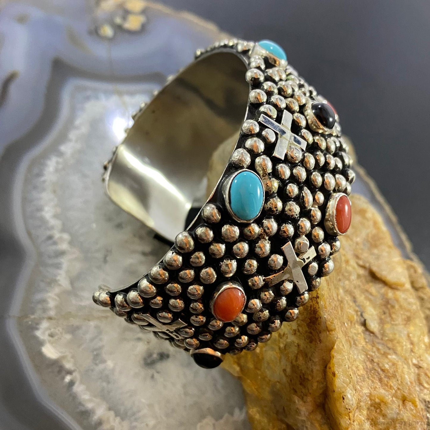 Gabby Jurado Sterling Silver Turquoise, Coral, Onyx Crosses Bracelet For Women