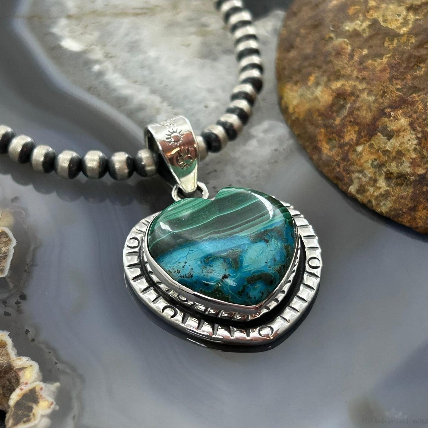 Sterling Silver Southwestern Style Azurite Malachite Heart Pendant For Women