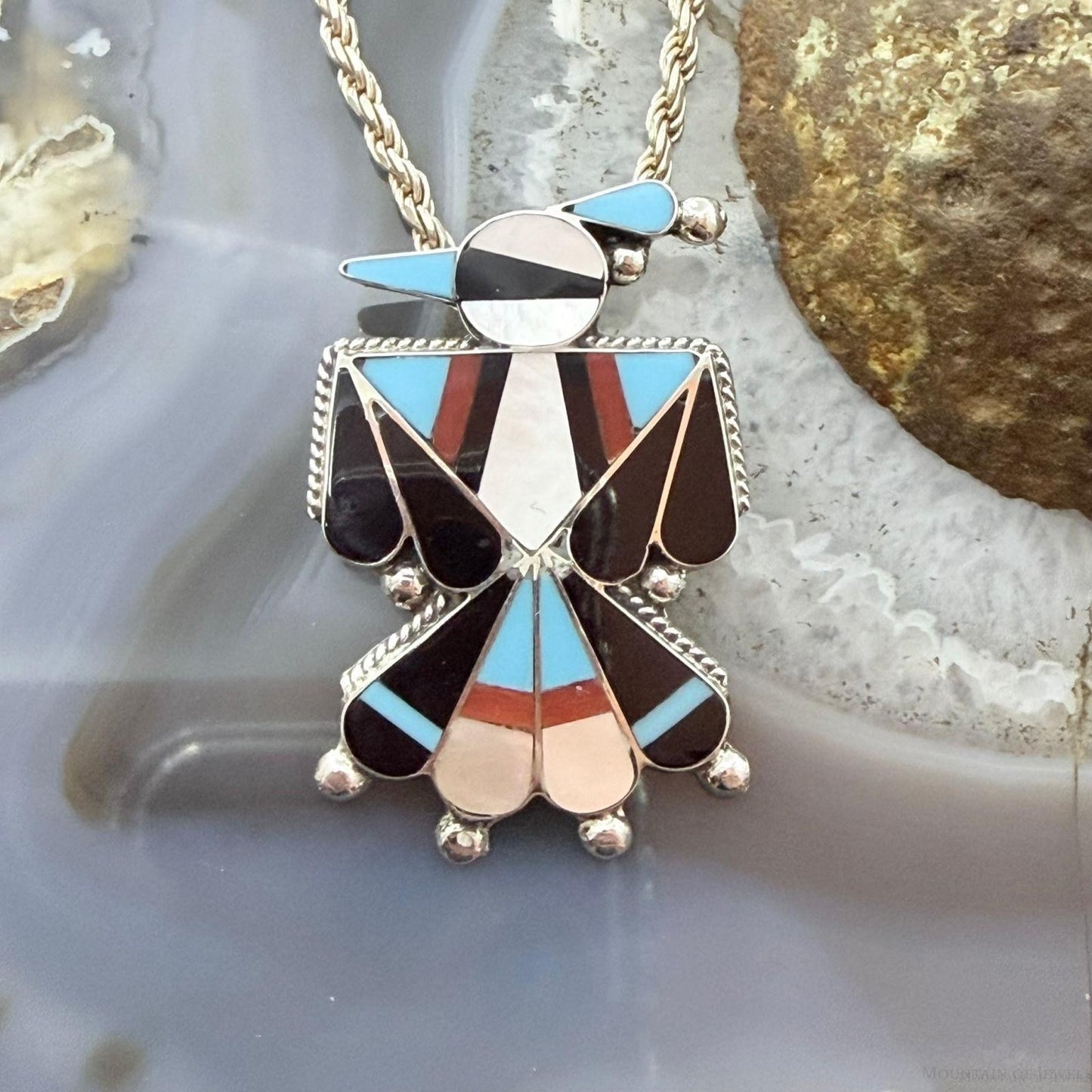 Signed Native American Sterling Silver Multi-Stone Inlay Thunderbird Unisex Pendant/Brooch