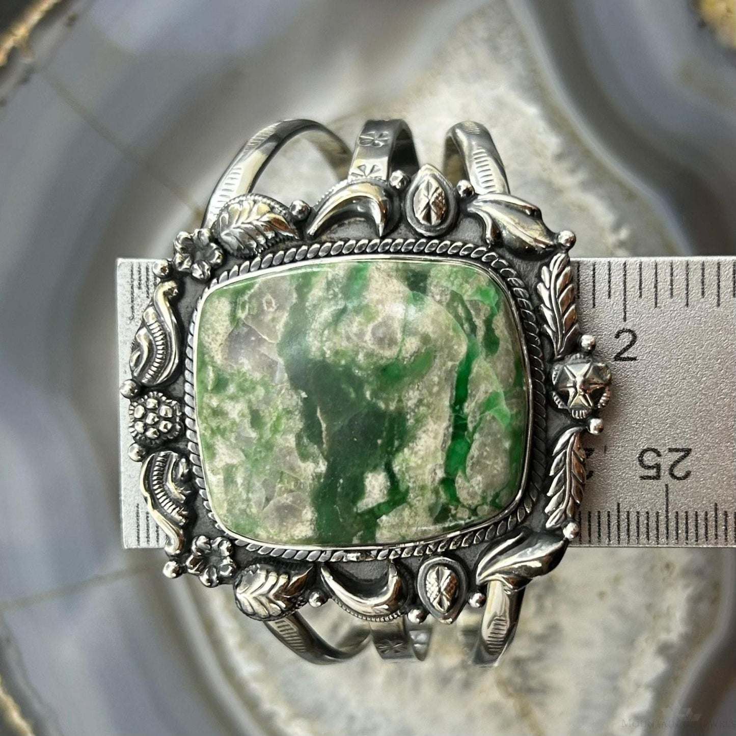 Sterling Silver Southwestern Style Square Variscite Decorated Bracelet For Women