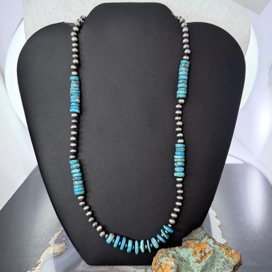 Sterling Silver Southwestern Style Blue Turquoise Beads & Starling Beads 19" Necklace For Women