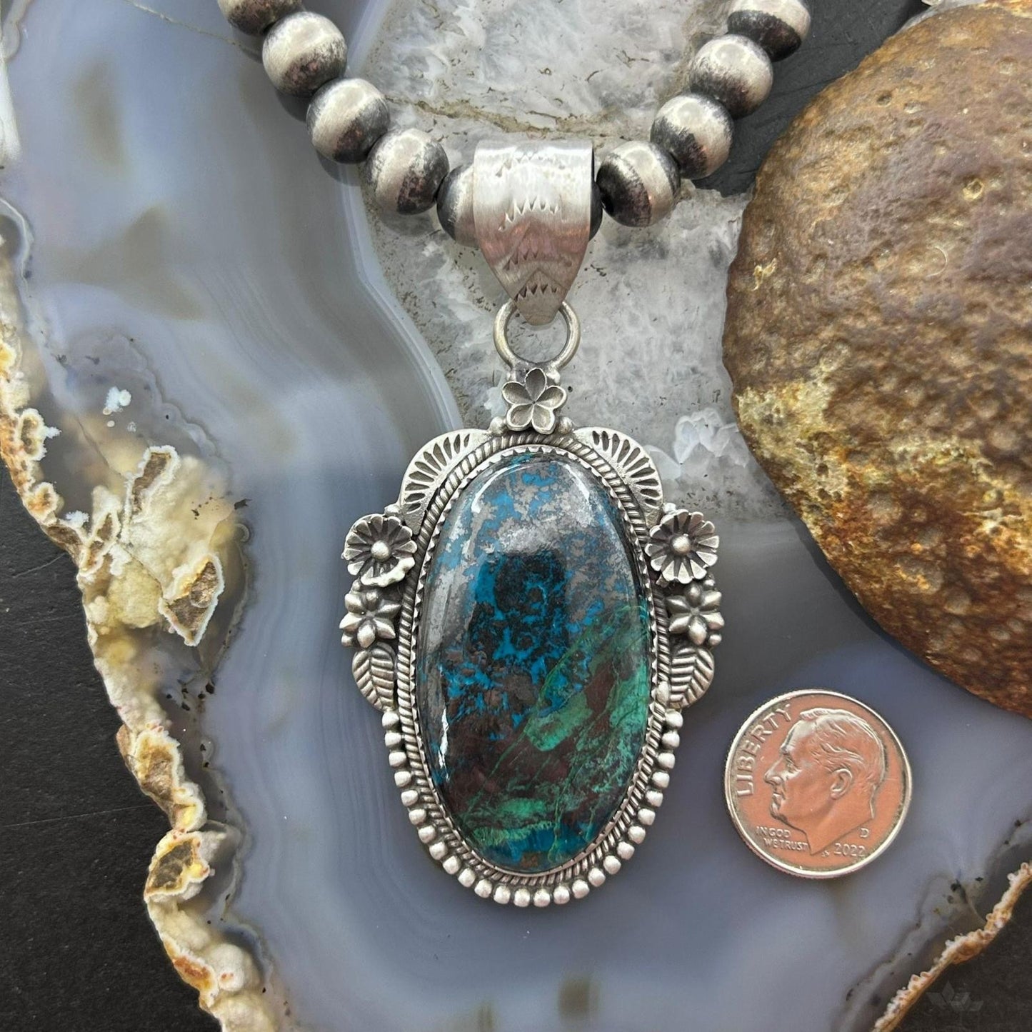 Sterling Silver Southwestern Style Oval Chrysocolla Decorated Pendant For Women