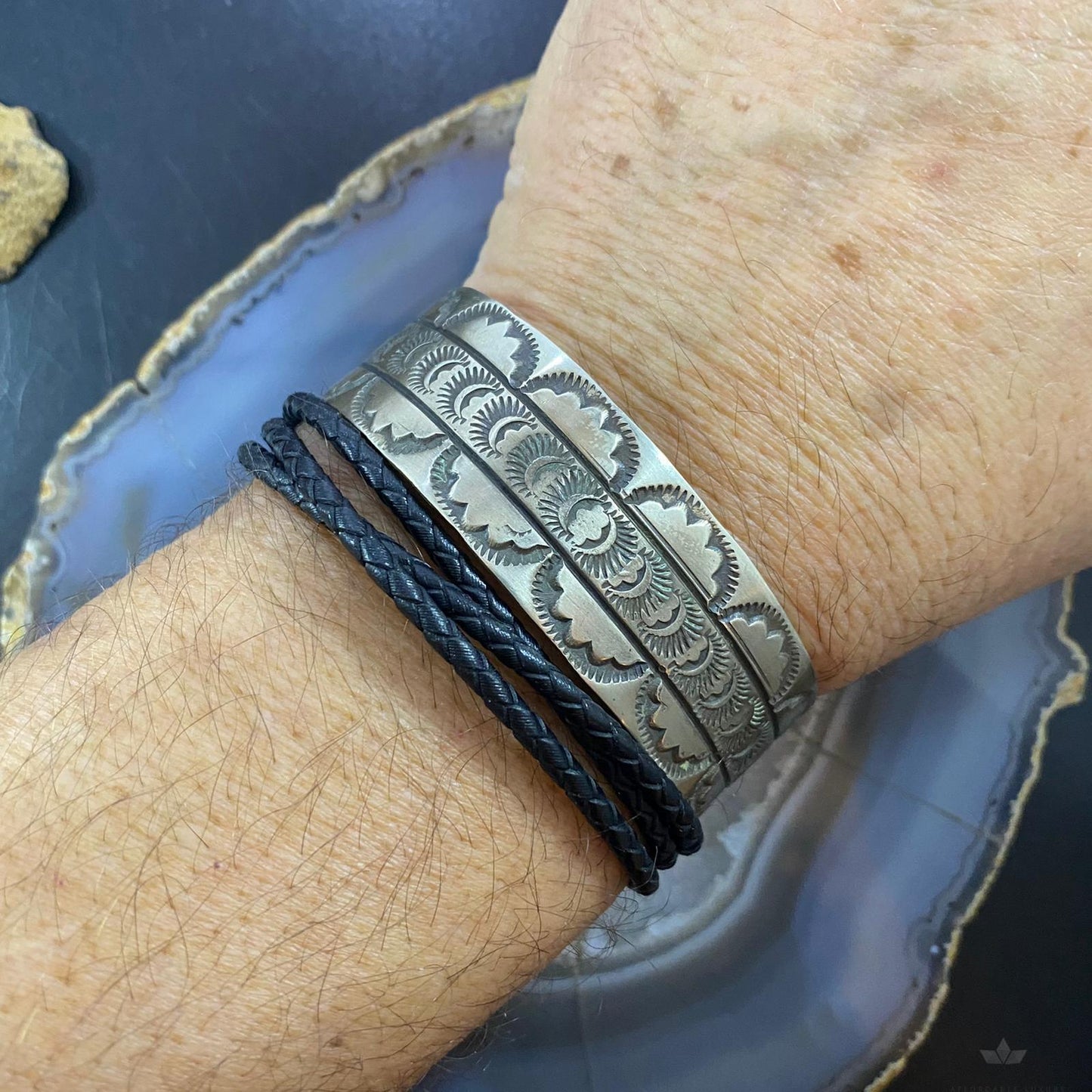 Rick Enriquez Native American Sterling Silver Stamped Flexible Bracelet For Men