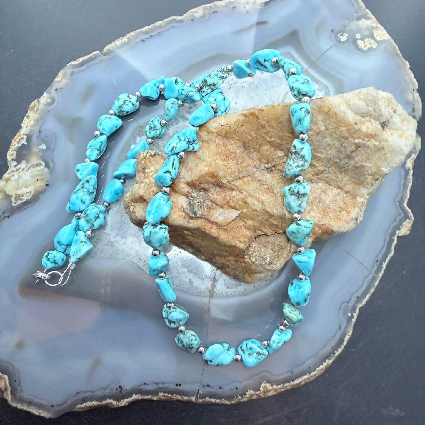 Sterling Silver Southwestern Style Natural Turquoise w/Silver Beads Necklace For Women