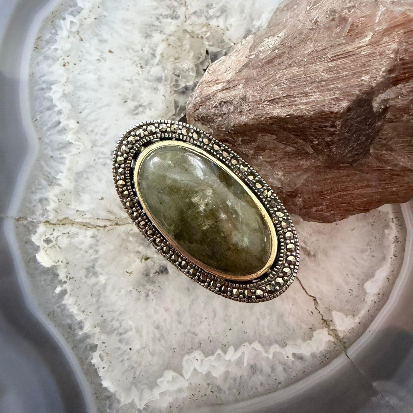 Sterling Silver & 14K Large Oval Jasper and Marcasite Fashion Ring Size 8 For Women