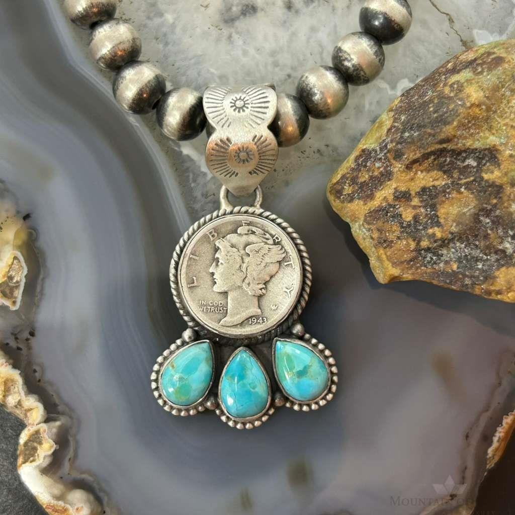 Genuine 1943 90% Silver Mercury Dime Coin w/Teardrop Turquoise Pendant #1