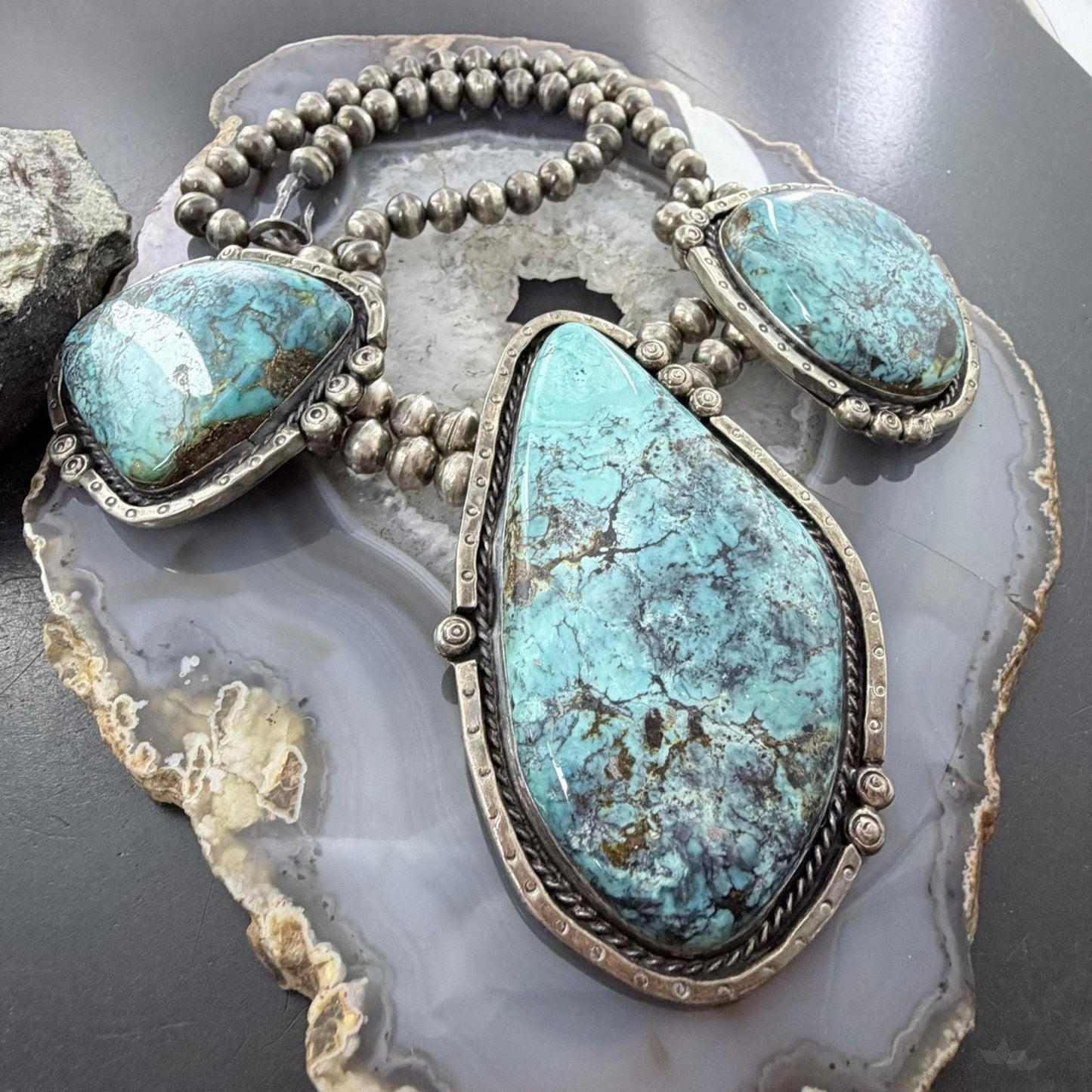 Vintage Silver Native American Large Blue Diamond Turquoise Necklace For Women