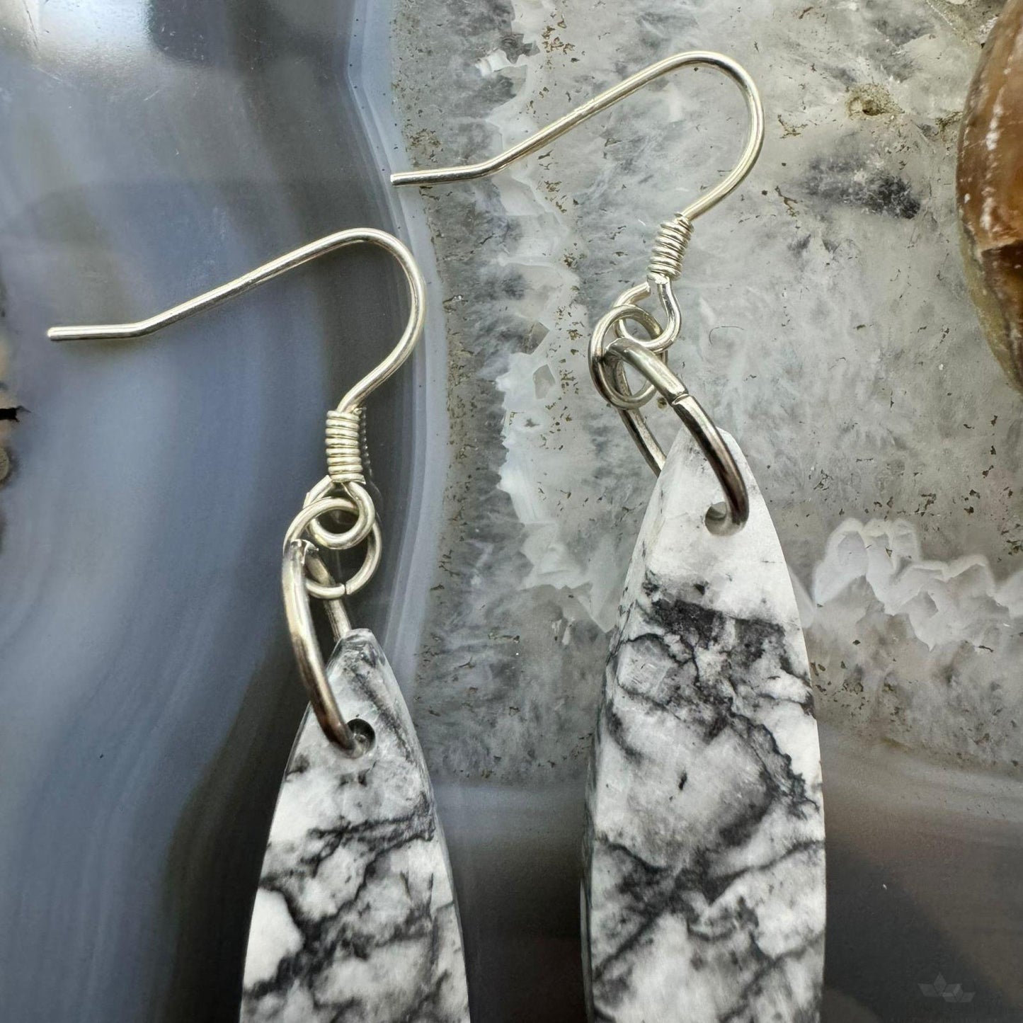 Sterling Silver Elongated Marquise Net Jasper Slab Dangle Earrings For Women #231