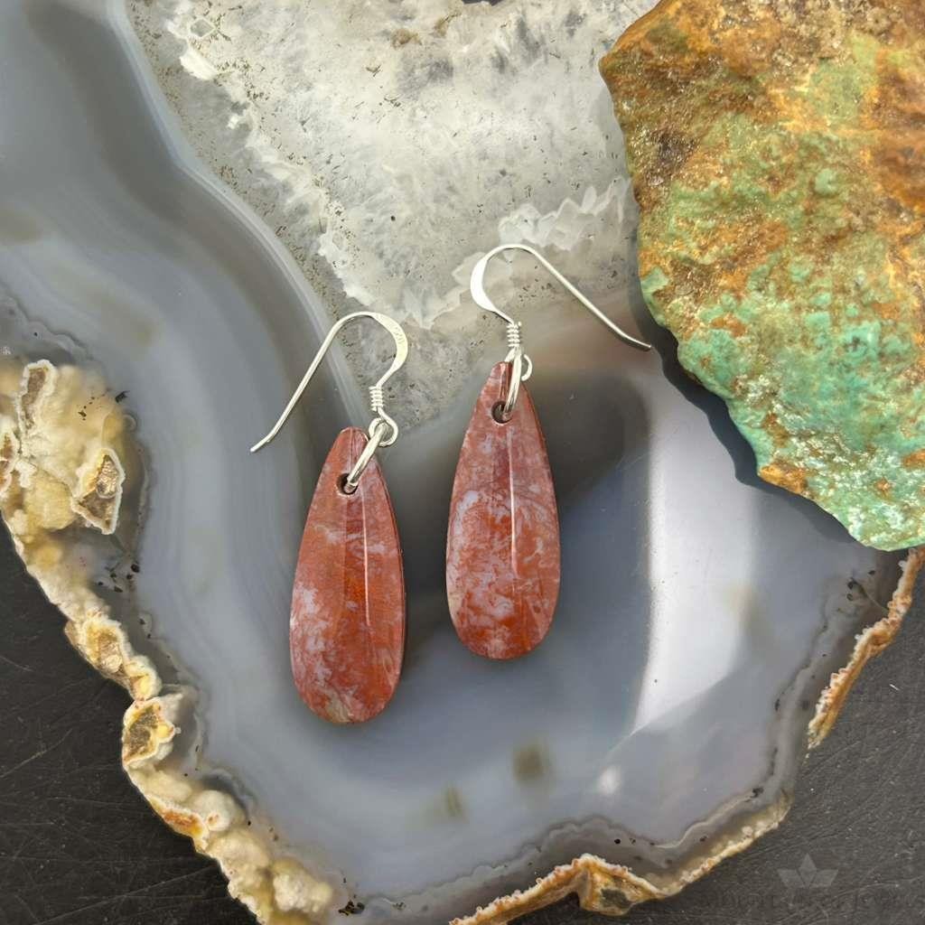 Sterling Silver Teardrop Plum Moss Agate Slab Dangle Earrings For Women #535