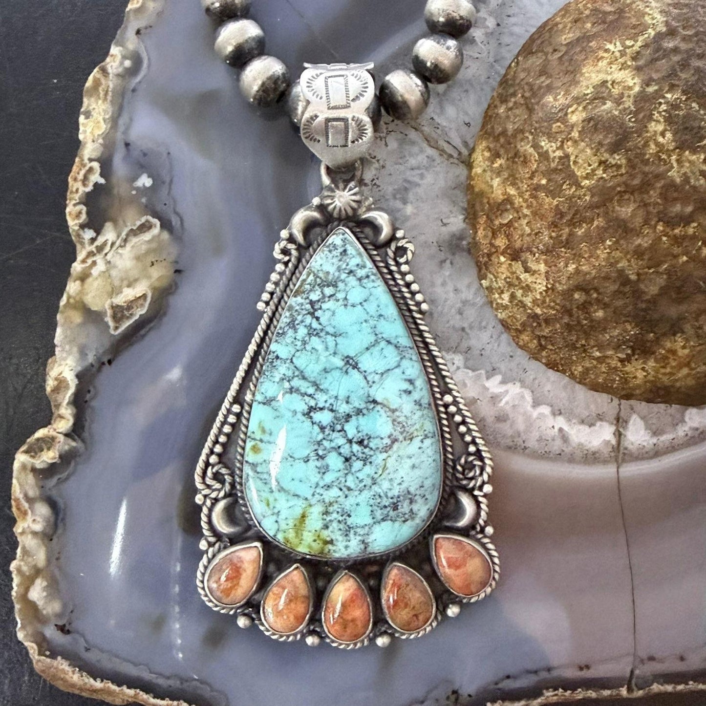 Sterling Silver Southwestern Style Teardrop Turquoise & Spiny Oyster Pendant For Women