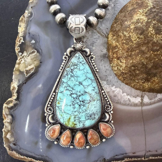 Sterling Silver Southwestern Style Teardrop Turquoise & Spiny Oyster Pendant For Women