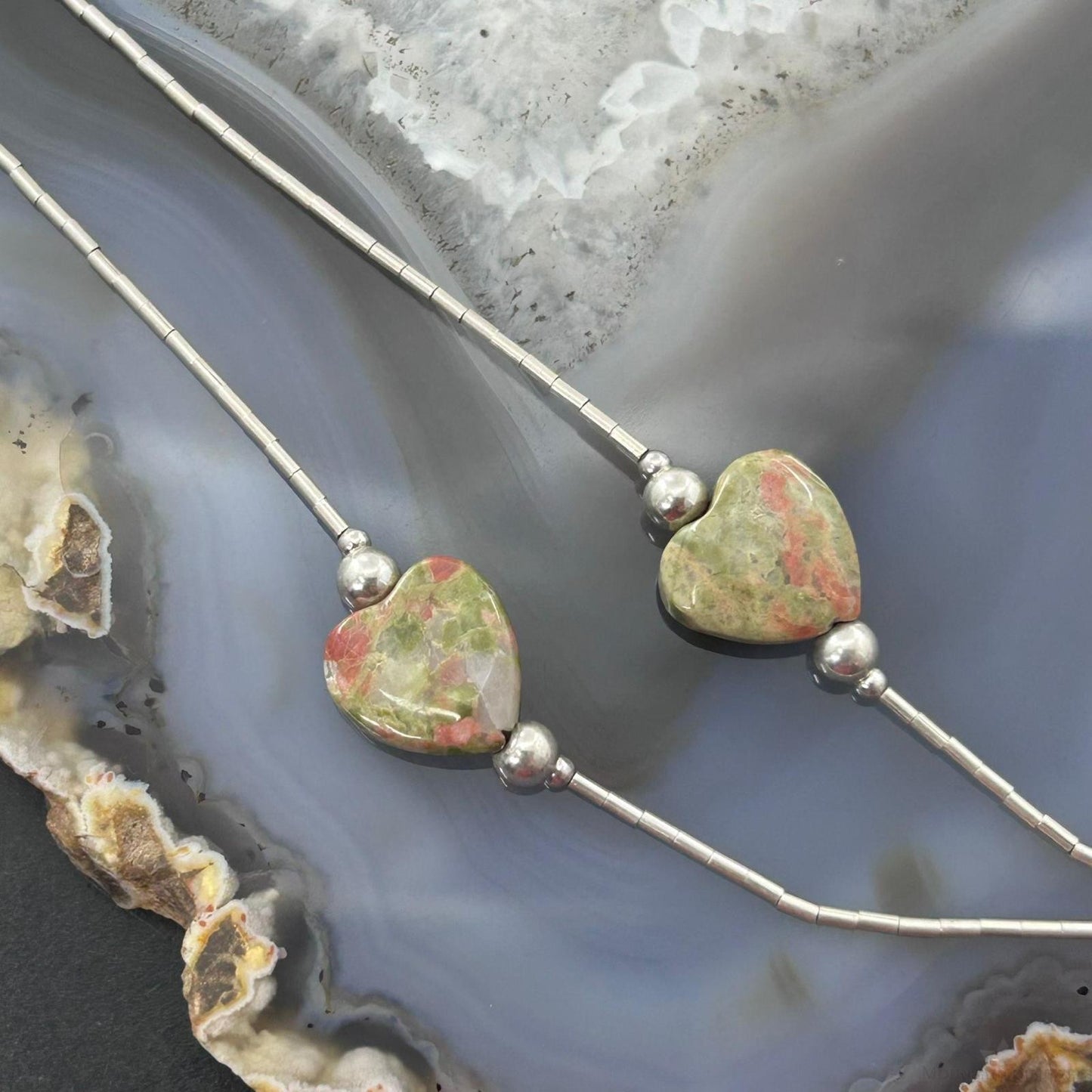 Carolyn Pollack Vintage Sterling Silver Tube Beads & 9 Jasper Hearts Necklace For Women