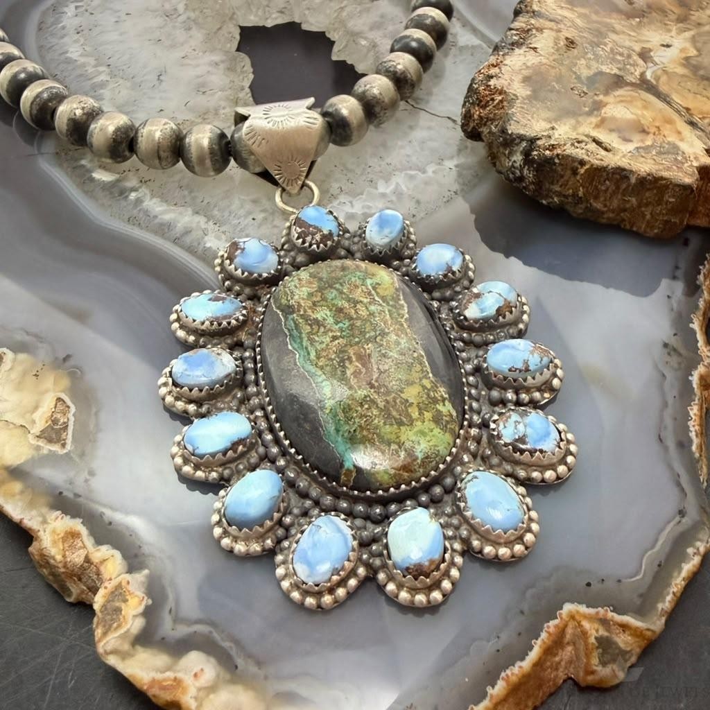 Sterling Silver Southwestern Style Blackjack & Golden Hill Turquoise Pendant For Women